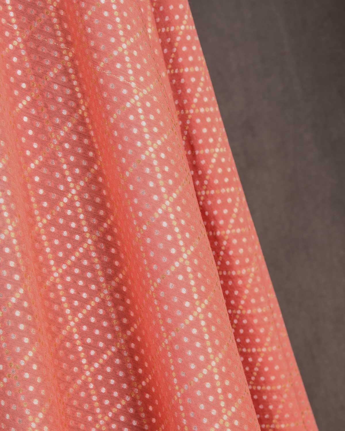 Peach Gold & Silver Zari Dice Buti Cutwork Brocade Woven Muga Silk Banarasi Fabric