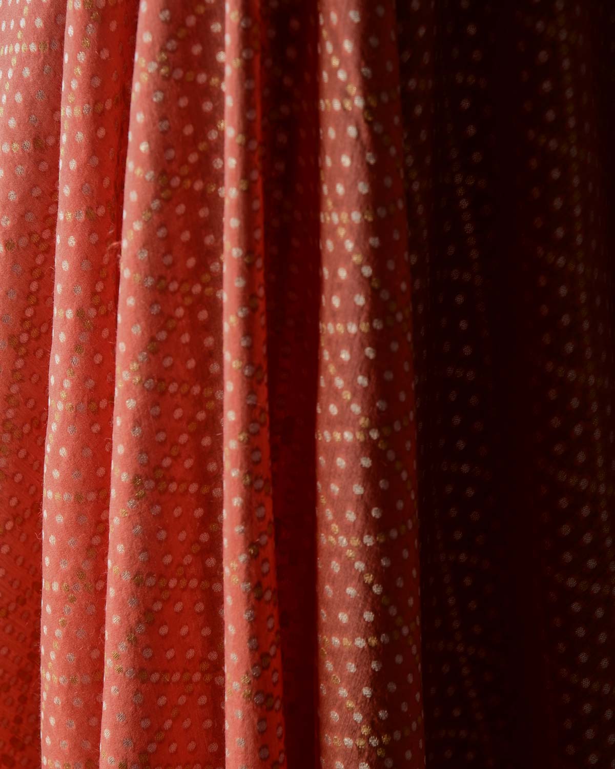 Peach Gold & Silver Zari Dice Buti Cutwork Brocade Woven Muga Silk Banarasi Fabric
