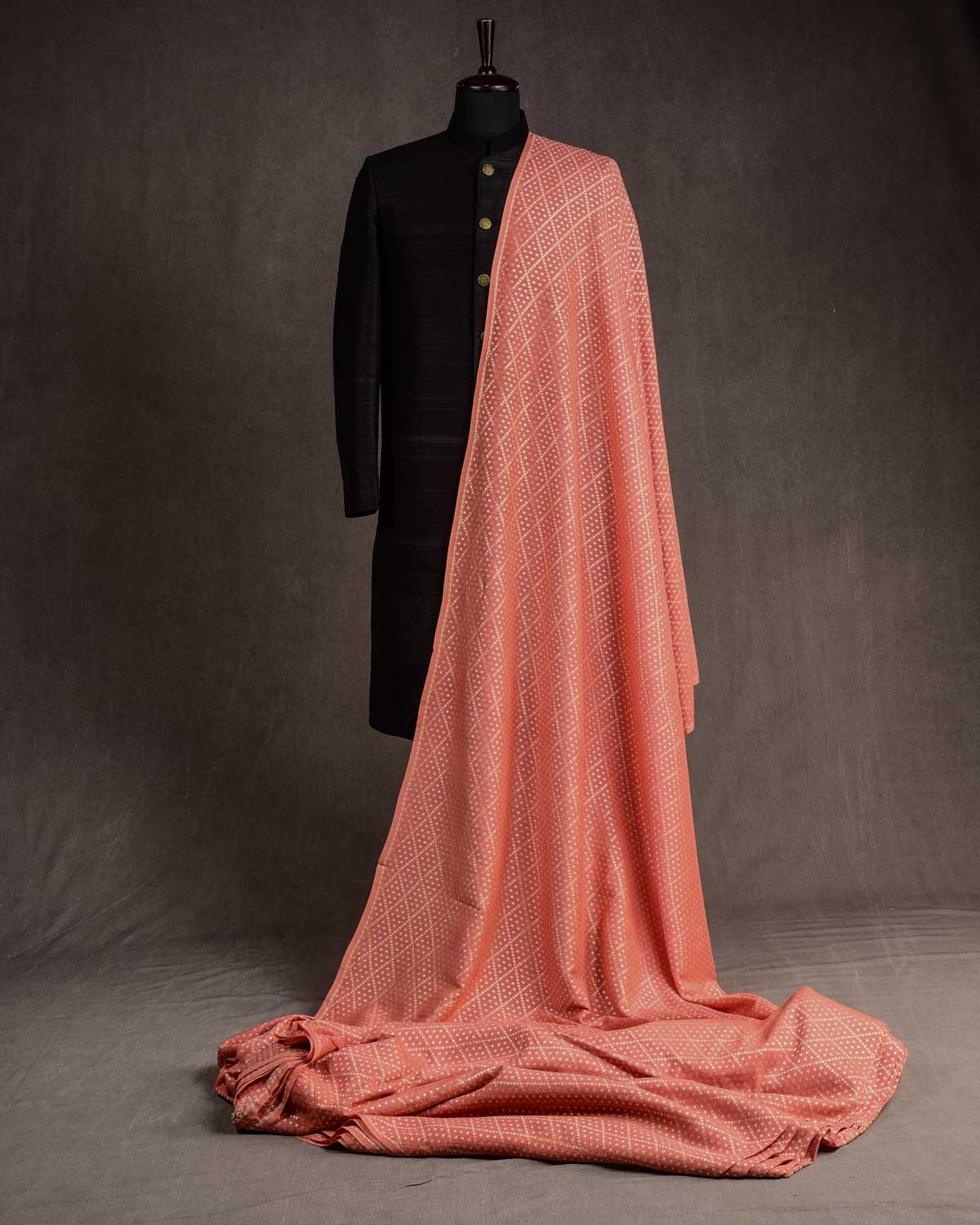 Peach Gold & Silver Zari Dice Buti Cutwork Brocade Woven Muga Silk Banarasi Fabric