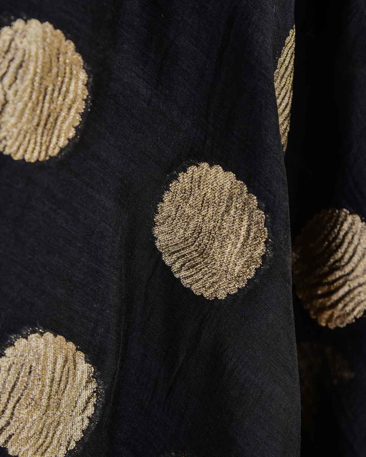 Black Crushed Gold Zari Asharfi Buti Cutwork Brocade Woven Cotton Silk Banarasi Fabric-HolyWeaves