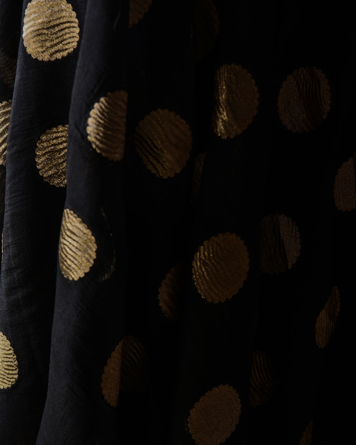 Black Crushed Gold Zari Asharfi Buti Cutwork Brocade Woven Cotton Silk Banarasi Fabric-HolyWeaves