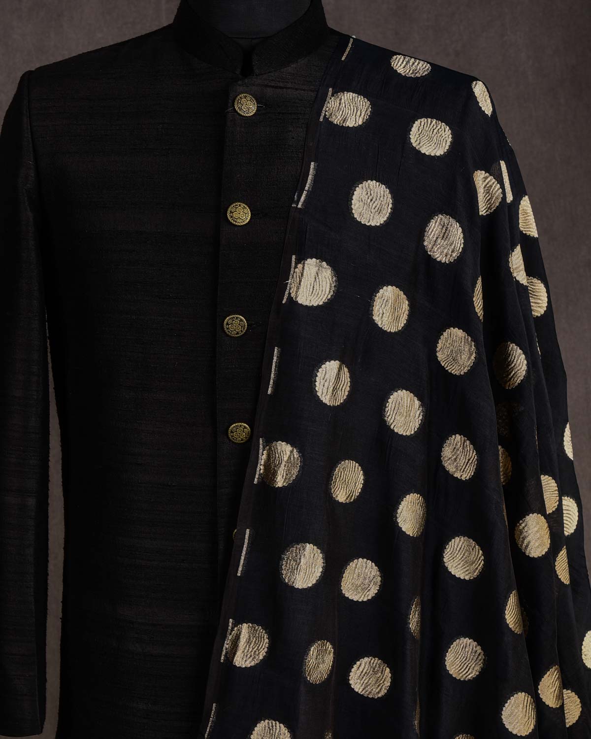 Black Crushed Gold Zari Asharfi Buti Cutwork Brocade Woven Cotton Silk Banarasi Fabric-HolyWeaves