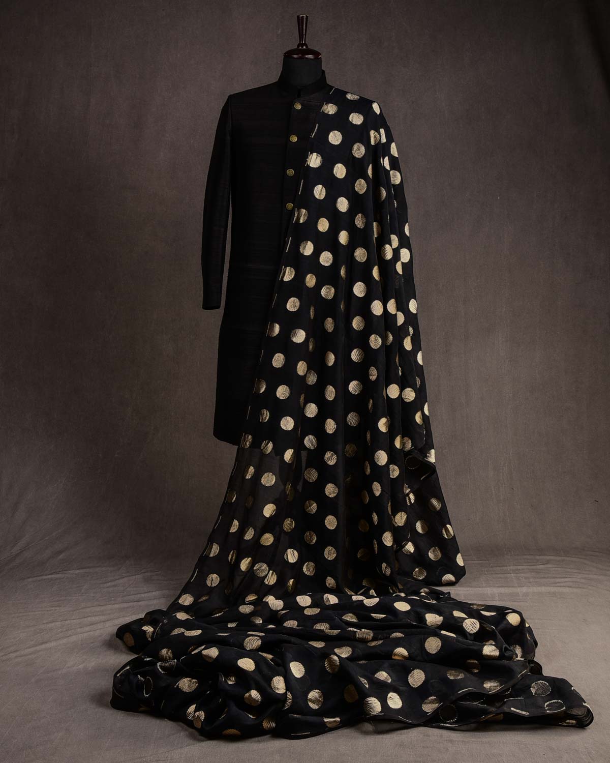 Black Crushed Gold Zari Asharfi Buti Cutwork Brocade Woven Cotton Silk Banarasi Fabric-HolyWeaves