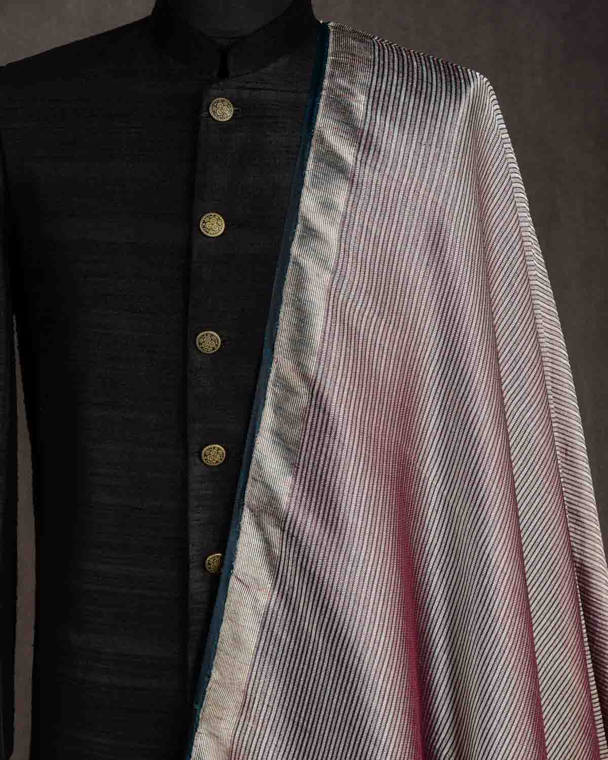 Magenta Gold & Silver Zari Stripes Brocade Handwoven Katan Silk Banarasi Fabric