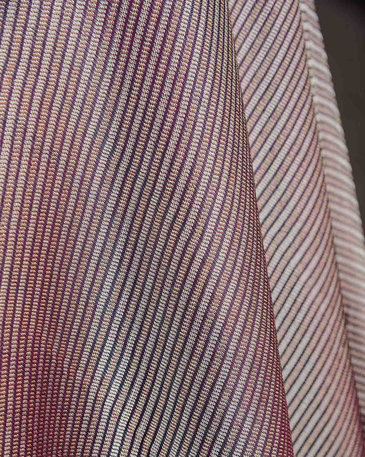 Magenta Gold & Silver Zari Stripes Brocade Handwoven Katan Silk Banarasi Fabric