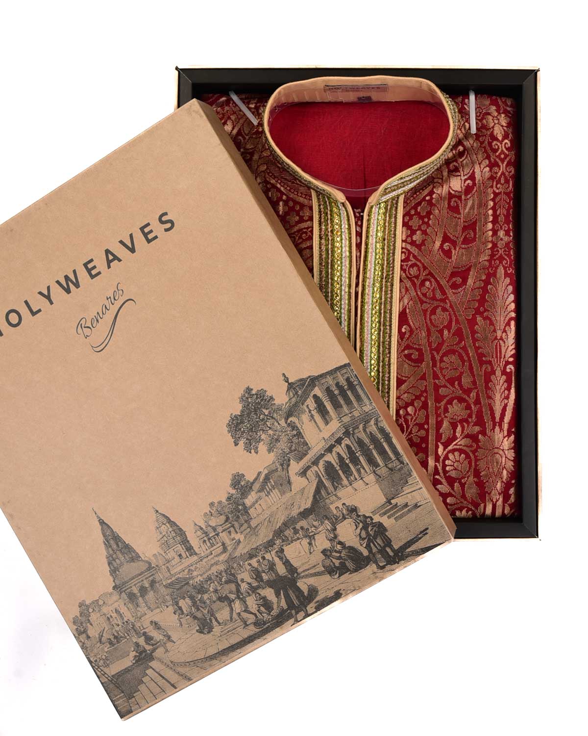 Red Banarasi Brocade Katan Silk Mens Kurta Pyjama-HolyWeaves