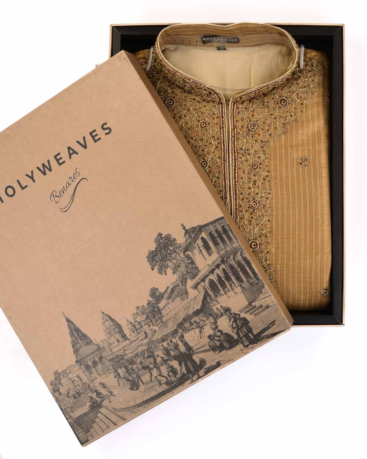 Beige Hand-embroidered Art Silk Mens Kurta Pyjama-HolyWeaves