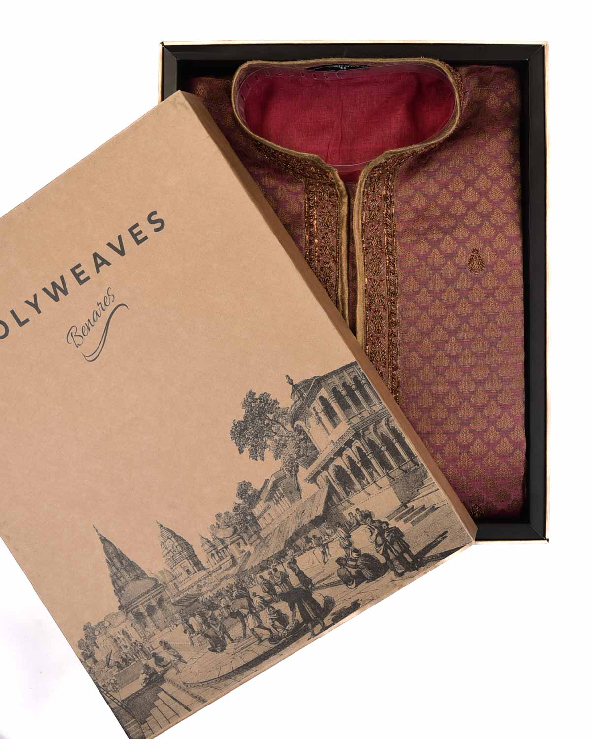 Purple Banarasi Hand-embroidered Art Silk Mens Kurta Pyjama-HolyWeaves