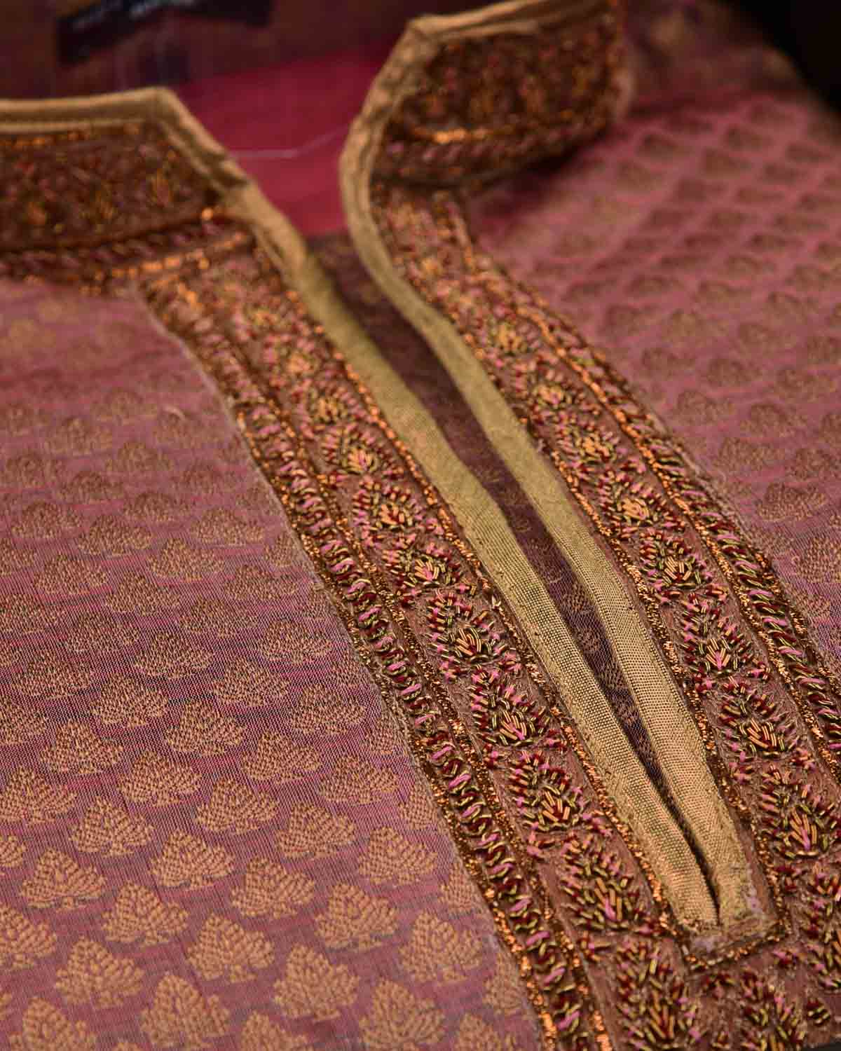 Purple Banarasi Hand-embroidered Art Silk Mens Kurta Pyjama-HolyWeaves