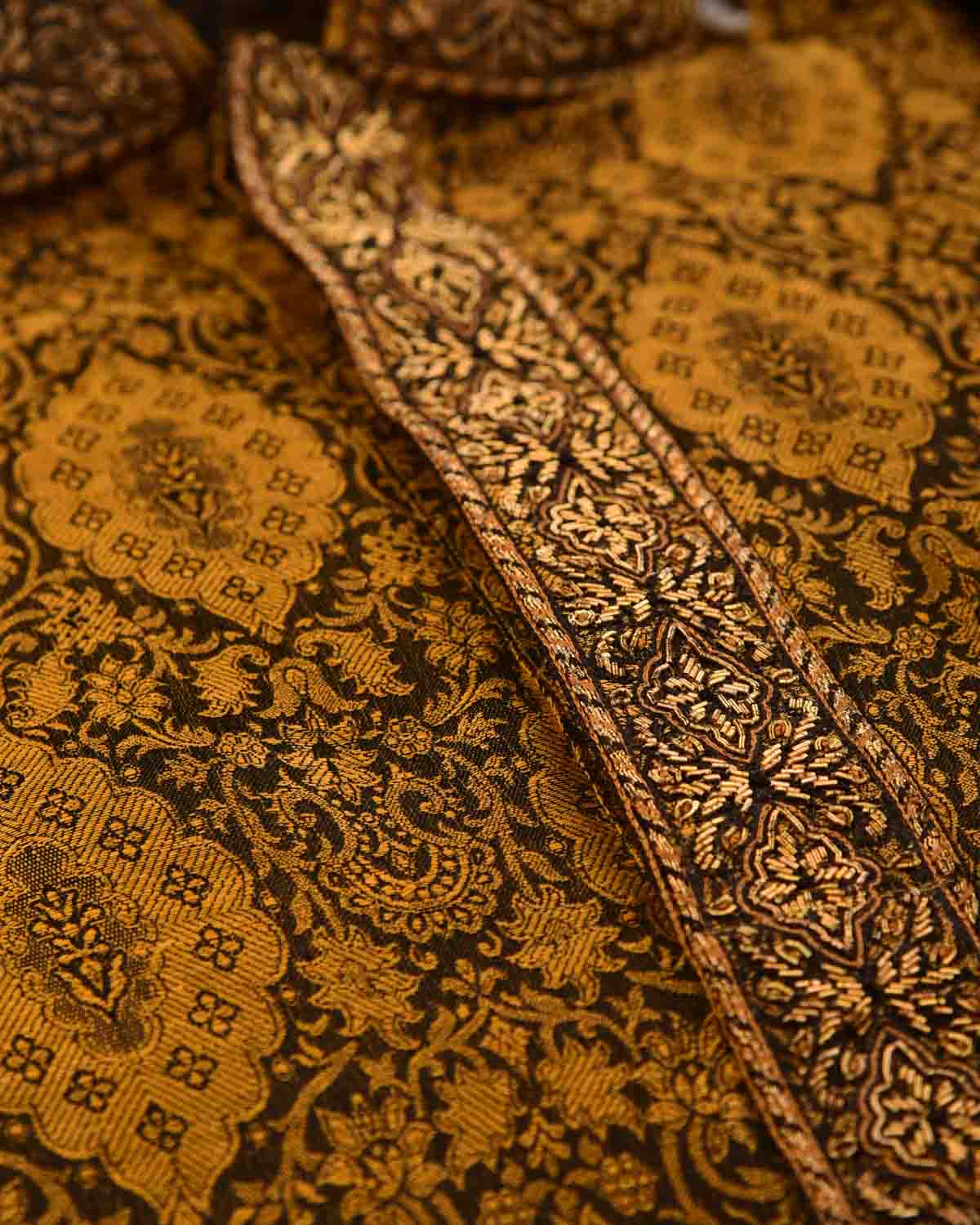 Mustard Banarasi Hand-embroidered Linen Silk Mens Kurta Pyjama-HolyWeaves
