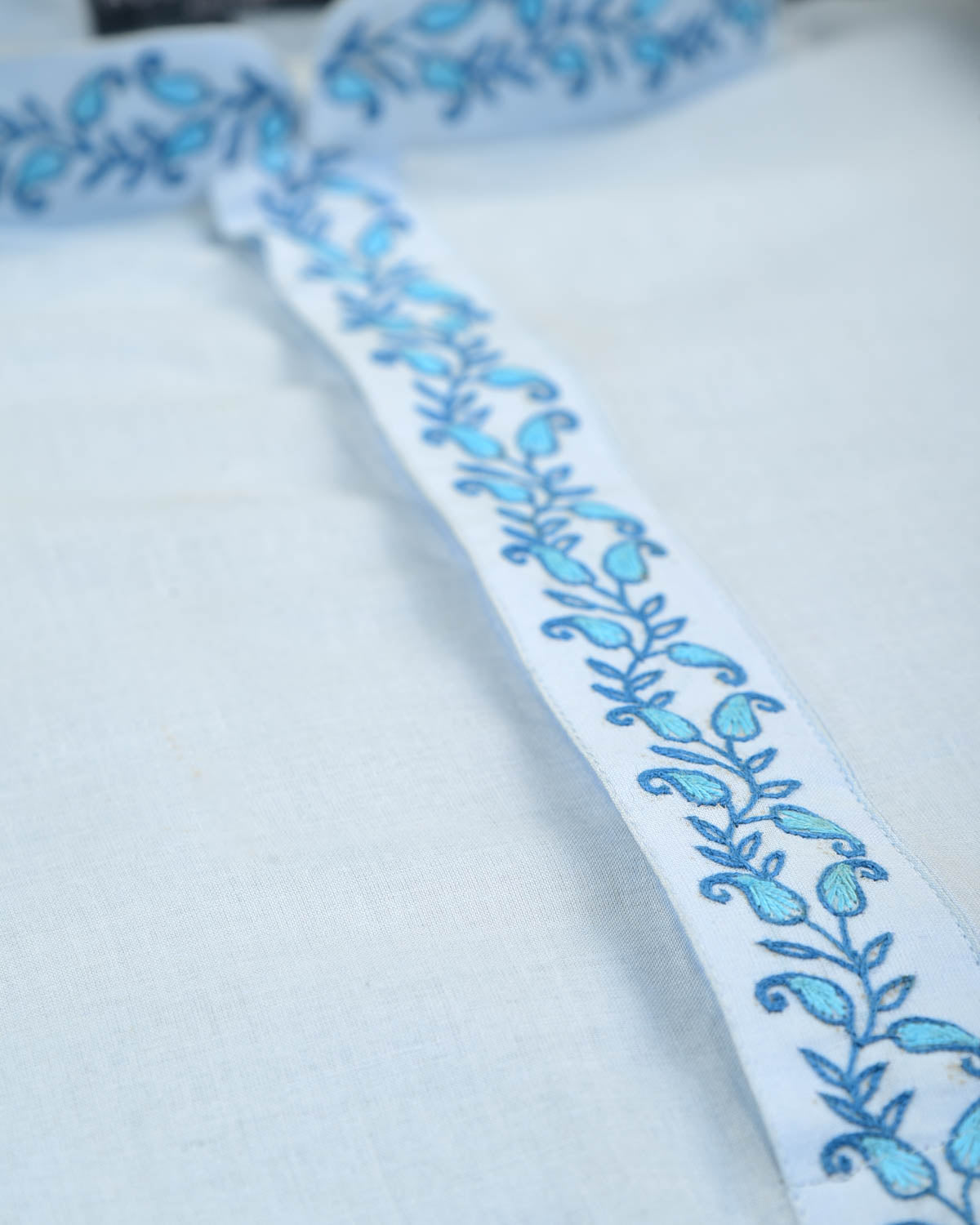 Sky Blue Addhi Cotton Mens Kurta Pyjama with Hand-Embroidered Collar-HolyWeaves