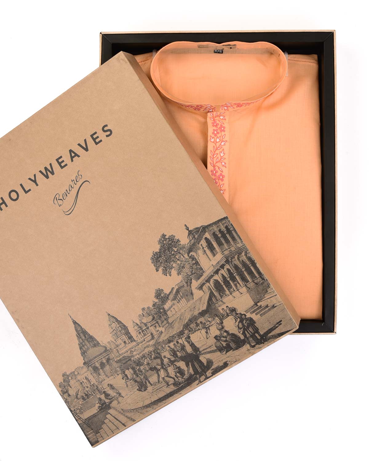 Peach Addhi Cotton Mens Kurta Pyjama with Hand-Embroidered Collar-HolyWeaves