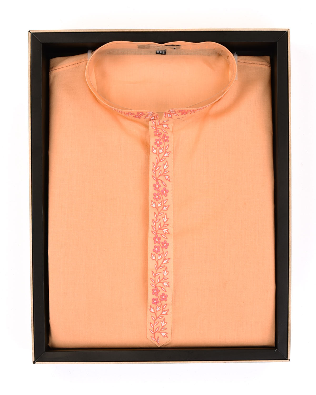 Peach Addhi Cotton Mens Kurta Pyjama with Hand-Embroidered Collar-HolyWeaves