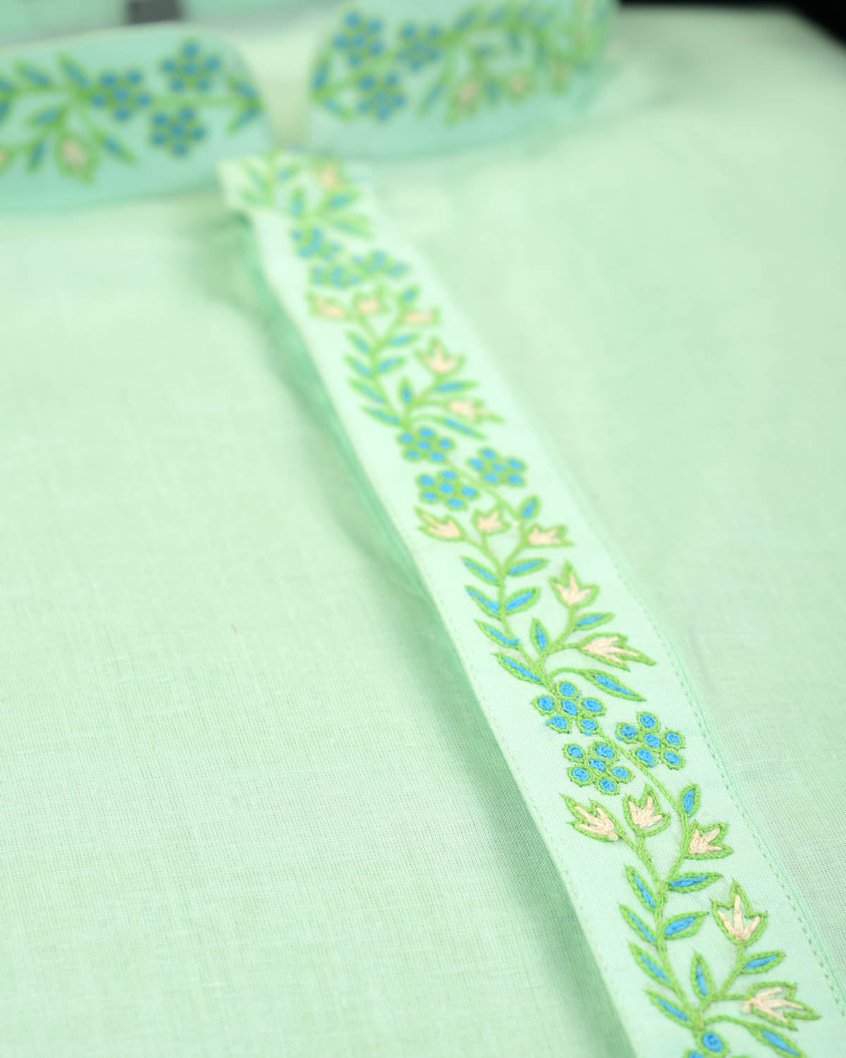Aqua Marine Addhi Cotton Mens Kurta Pyjama with Hand-Embroidered Collar-HolyWeaves