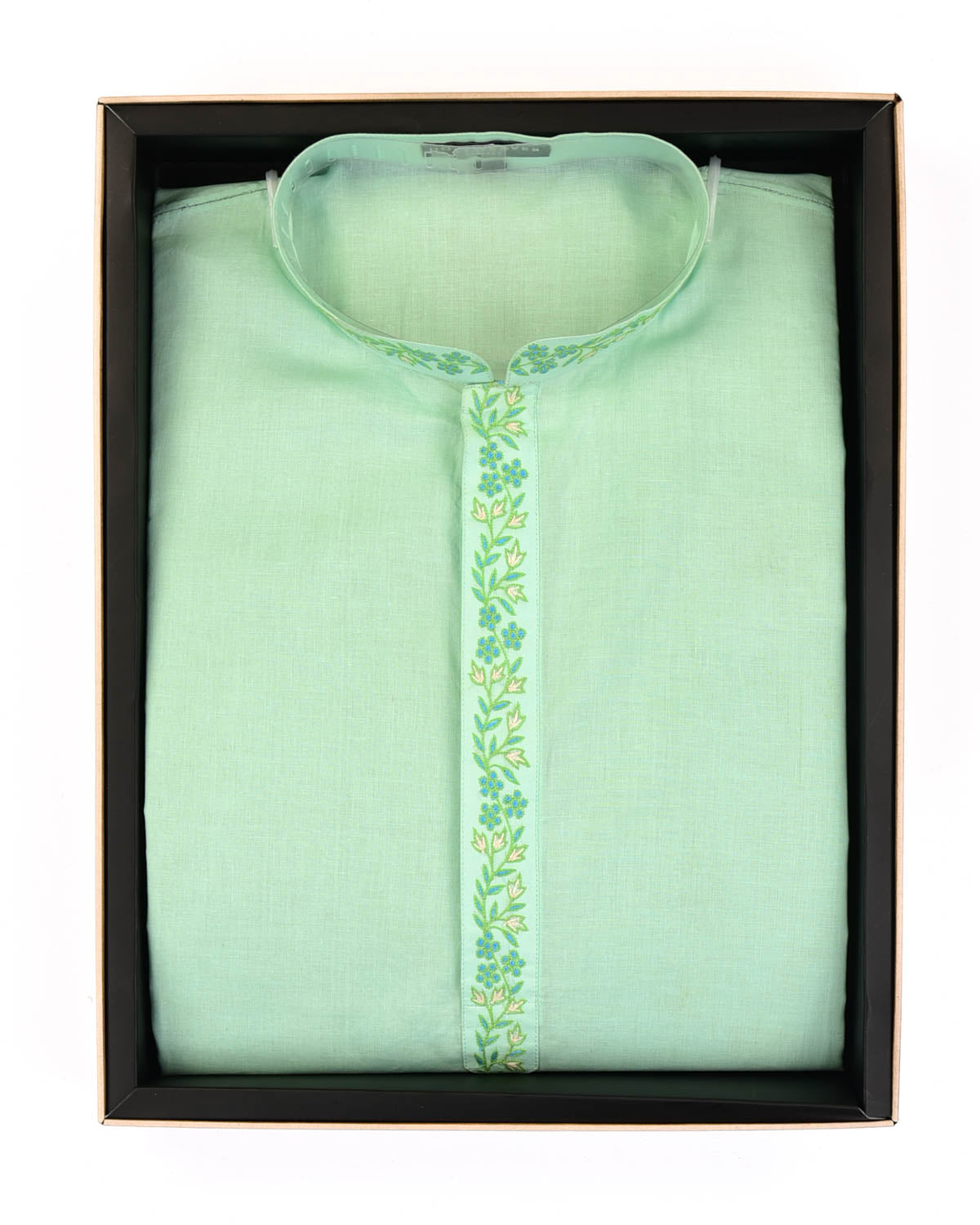 Aqua Marine Addhi Cotton Mens Kurta Pyjama with Hand-Embroidered Collar-HolyWeaves