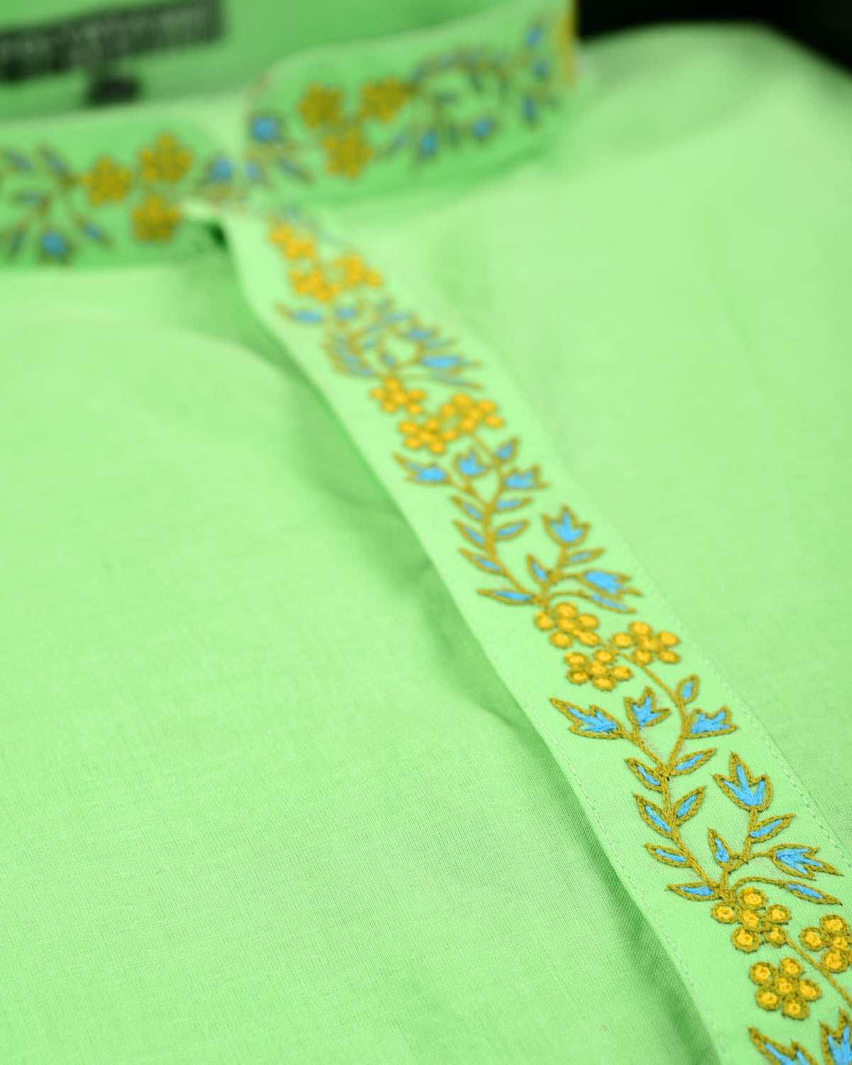 Bud Green Addhi Cotton Mens Kurta Pyjama with Hand-Embroidered Collar-HolyWeaves
