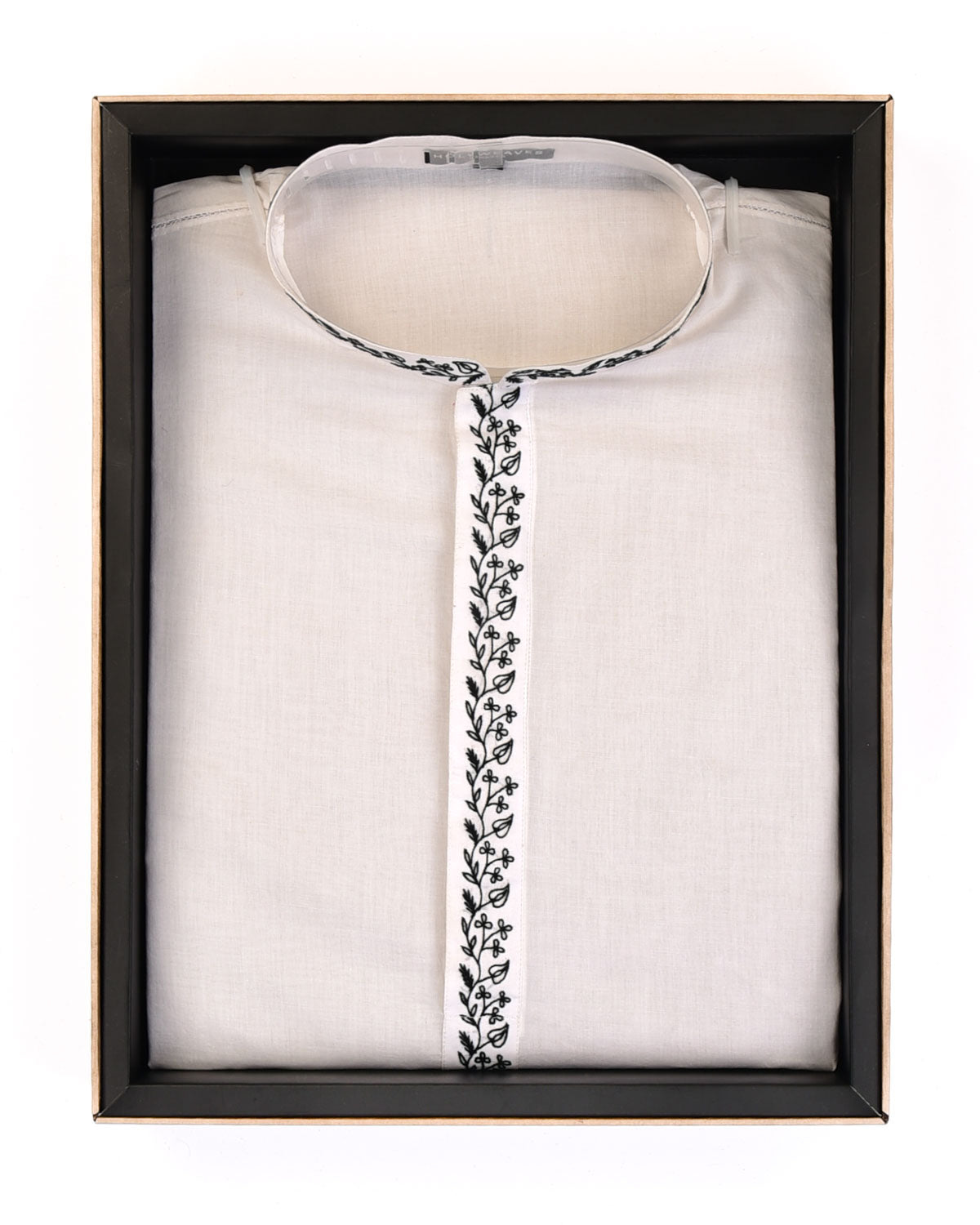 White Addhi Cotton Mens Kurta Pyjama with Hand-Embroidered Collar-HolyWeaves