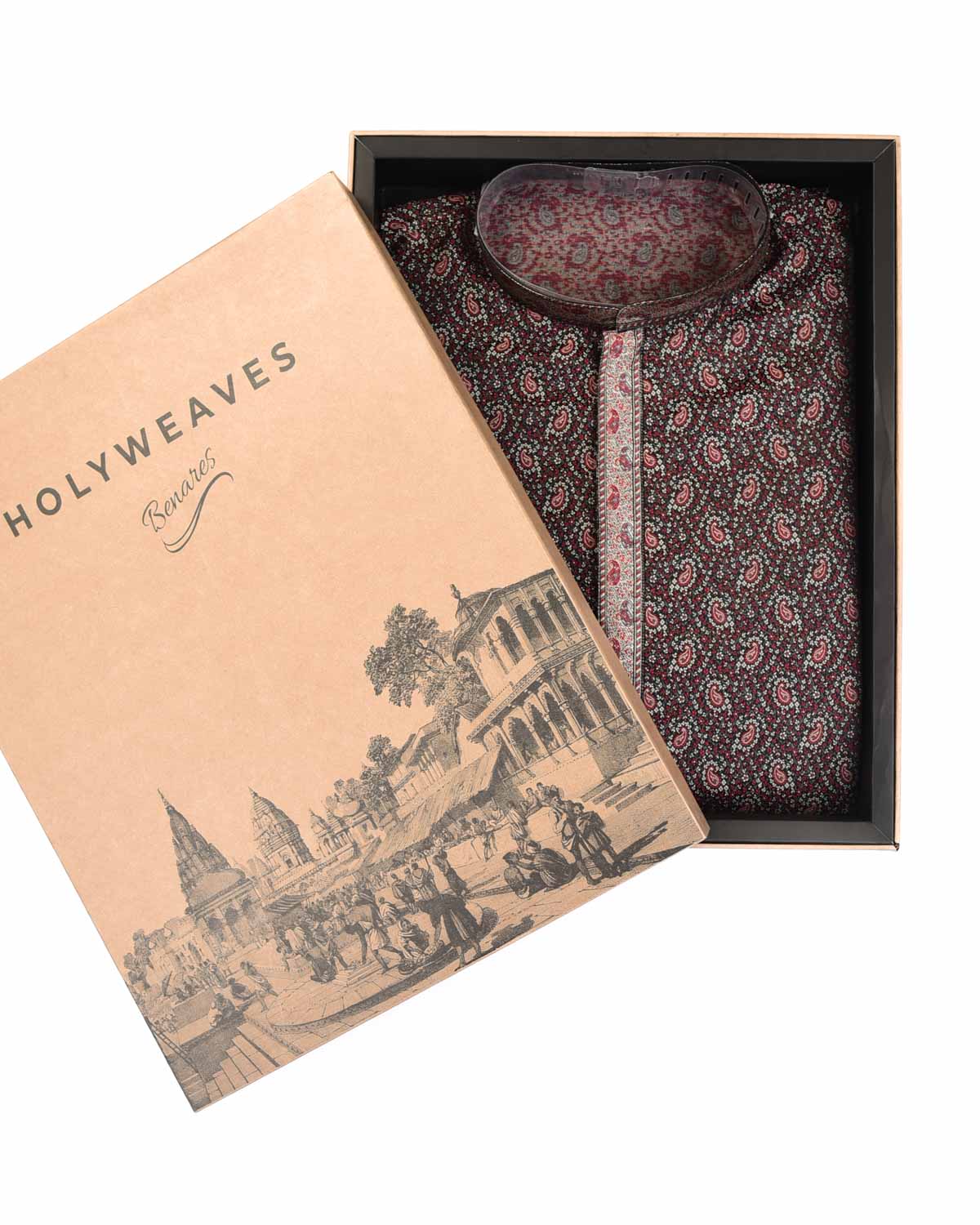 Black Tehri Paisley Satin Tanchoi Jamawar Handwoven Katan Silk Banarasi Mens Kurta Pyjama-HolyWeaves