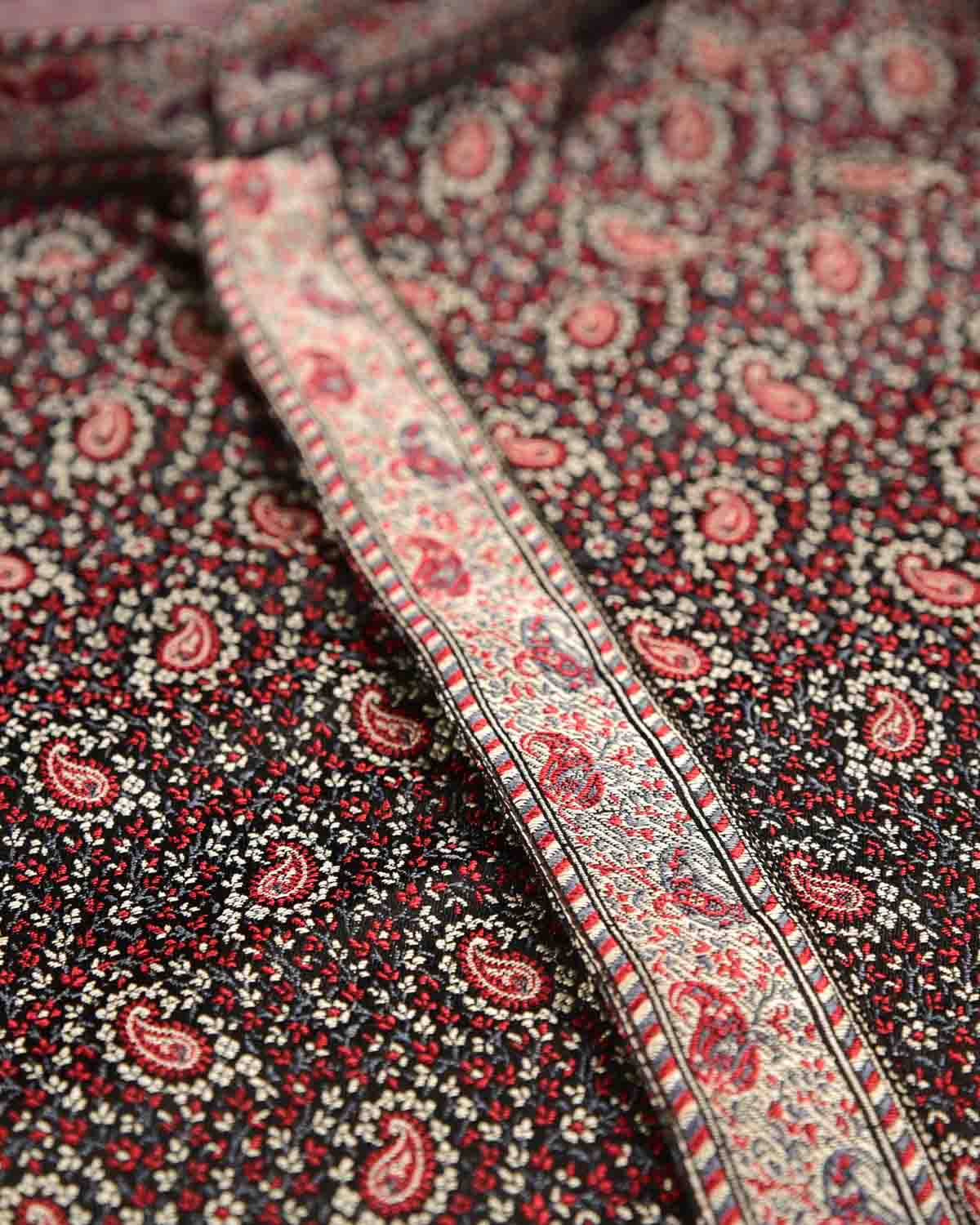 Black Tehri Paisley Satin Tanchoi Jamawar Handwoven Katan Silk Banarasi Mens Kurta Pyjama-HolyWeaves