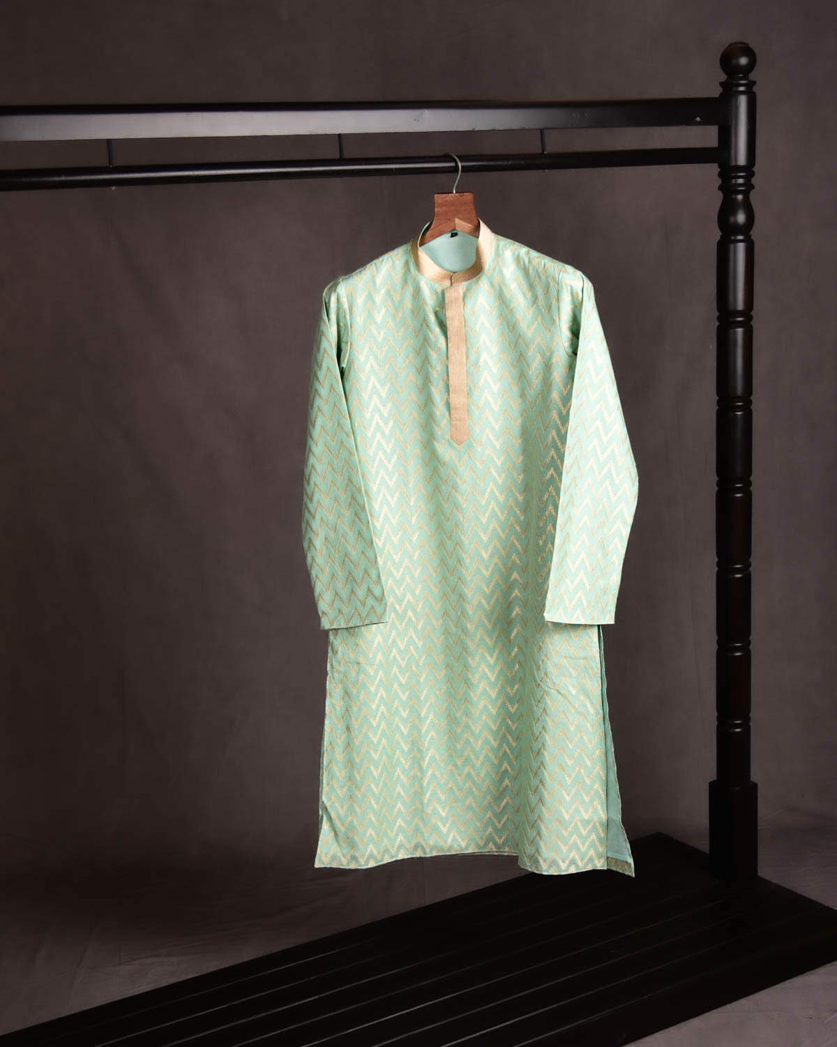 Aqua Marine Banarasi Gold Zari Chevron Brocade Handwoven Cotton Silk Mens Kurta Pyjama-HolyWeaves