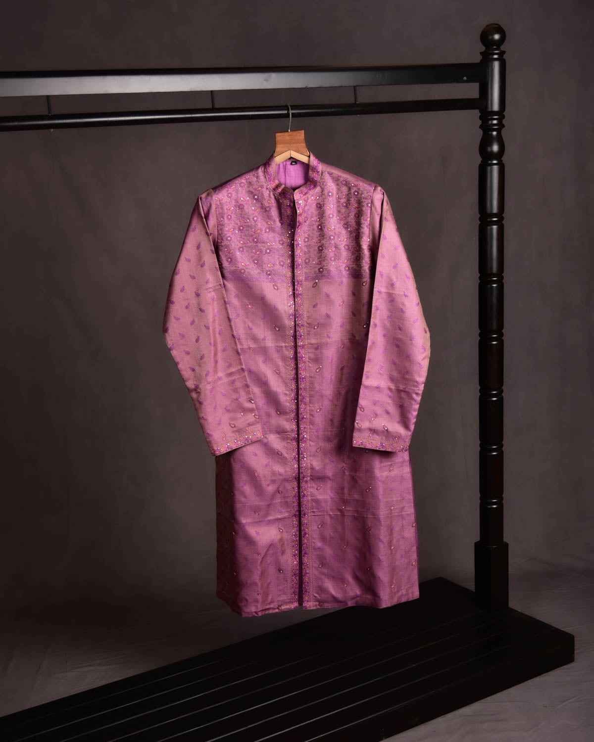 Light Purple Banarasi Front Open Embroidered Poly Cotton Silk Mens Kurta Pyjama-HolyWeaves