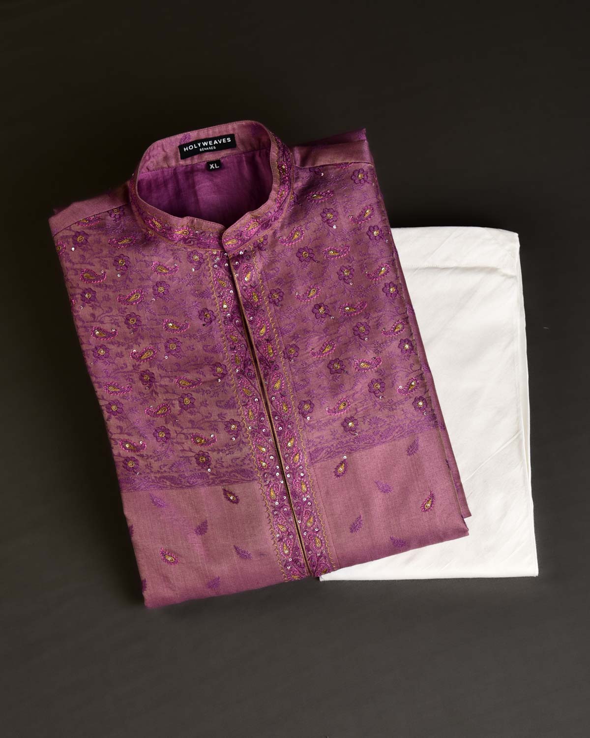 Light Purple Banarasi Front Open Embroidered Poly Cotton Silk Mens Kurta Pyjama-HolyWeaves