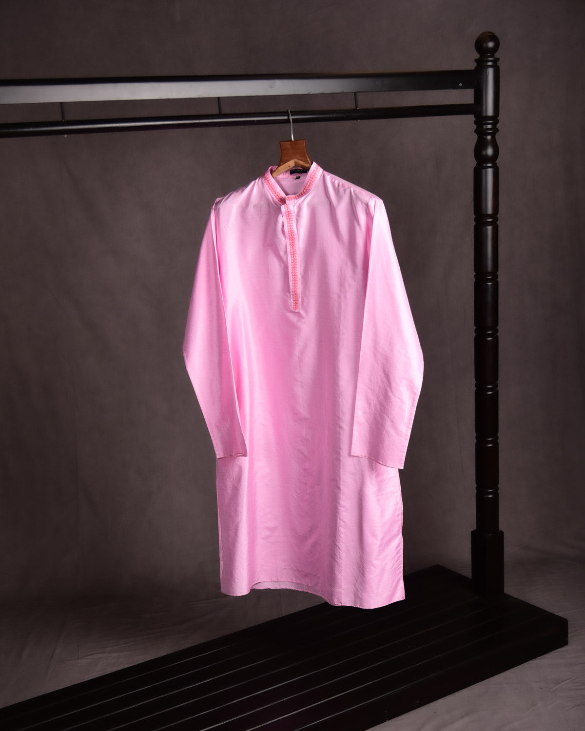 Pink Silk Mens Kurta Pyjama with Hand-embroidered Collar Strip-HolyWeaves