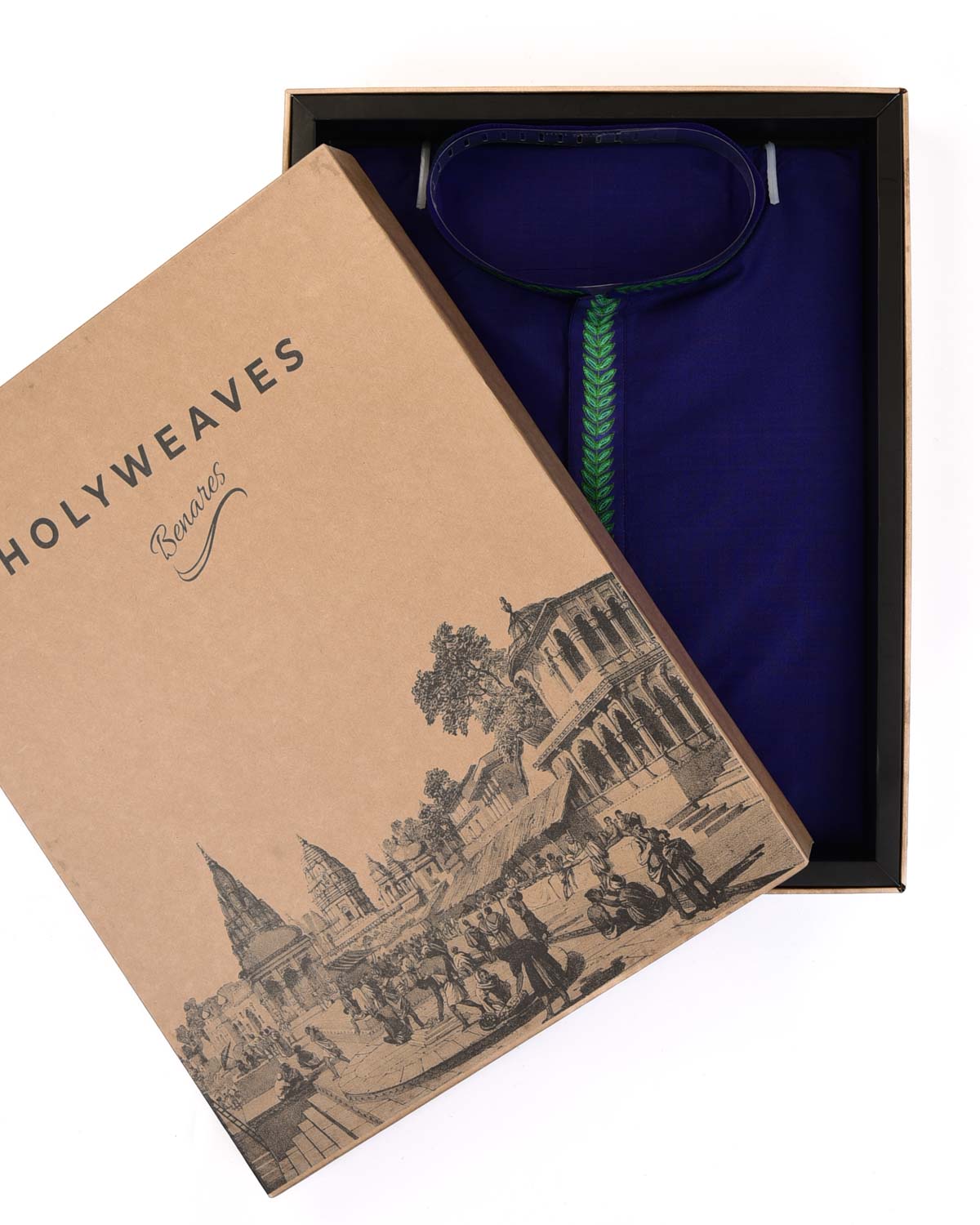 Indigo Silk Mens Kurta Pyjama with Hand-embroidered Leaves Collar-HolyWeaves