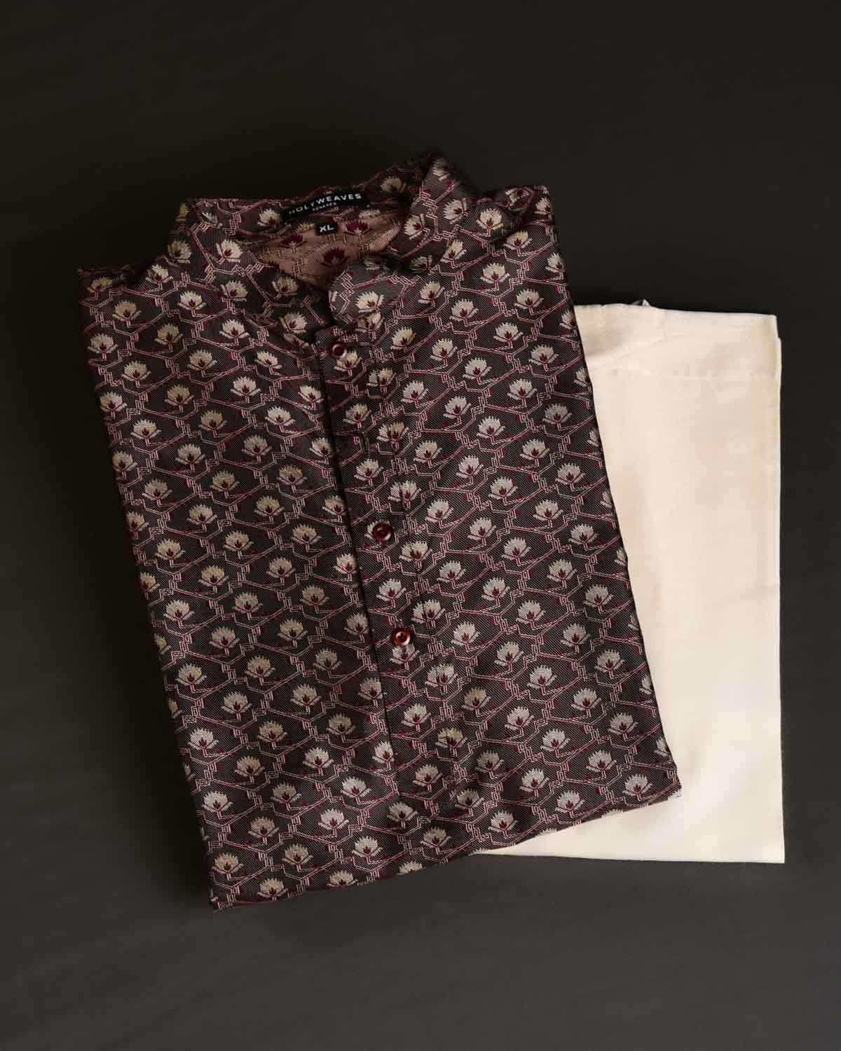 Black Banarasi Jamawar Handwoven Silk Mens Kurta Pyjama-HolyWeaves