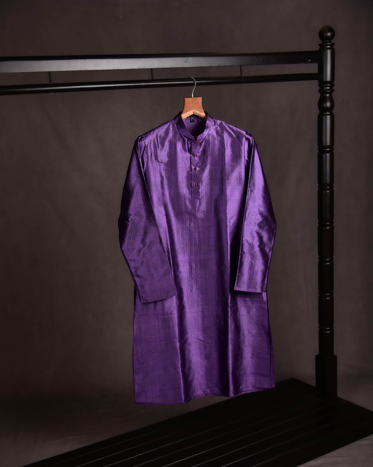 Purple on Gray Banarasi Chequered Herrring Bone Brocade Handwoven Silk Mens Kurta Pyjama-HolyWeaves