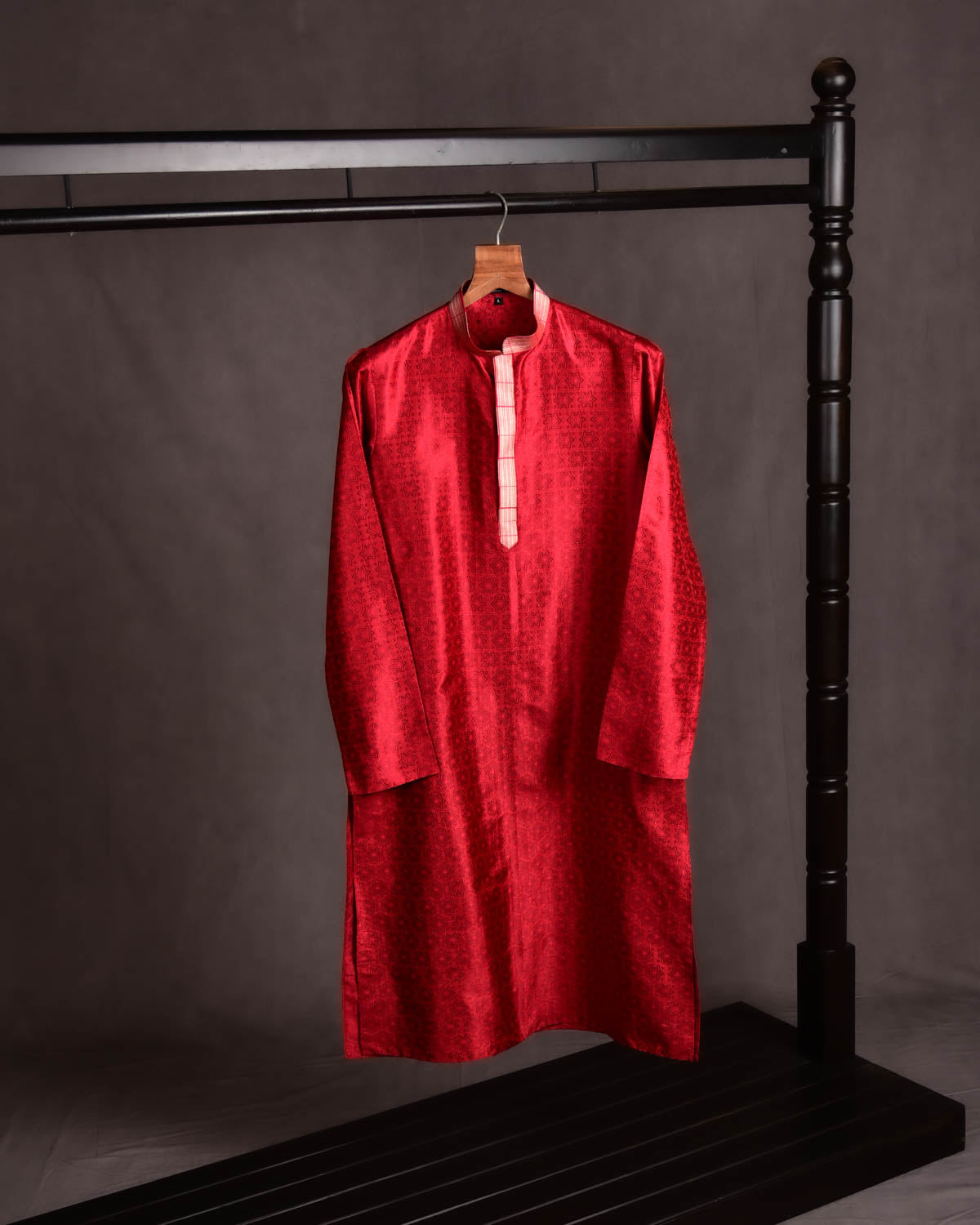 Red Banarasi Kaleidoscopic Stars Resham Brocade Handwoven Silk Mens Kurta Pyjama with Gold Zari Collar-HolyWeaves
