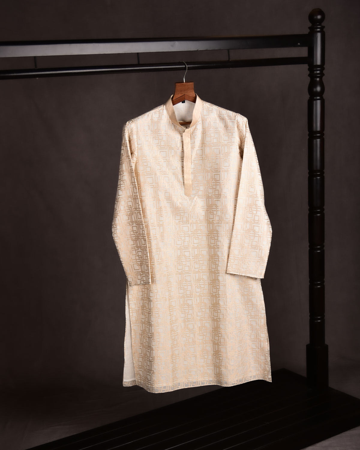White Banarasi Gold Zari Labyrinth Brocade Cotton Silk Mens Kurta Pyjama-HolyWeaves