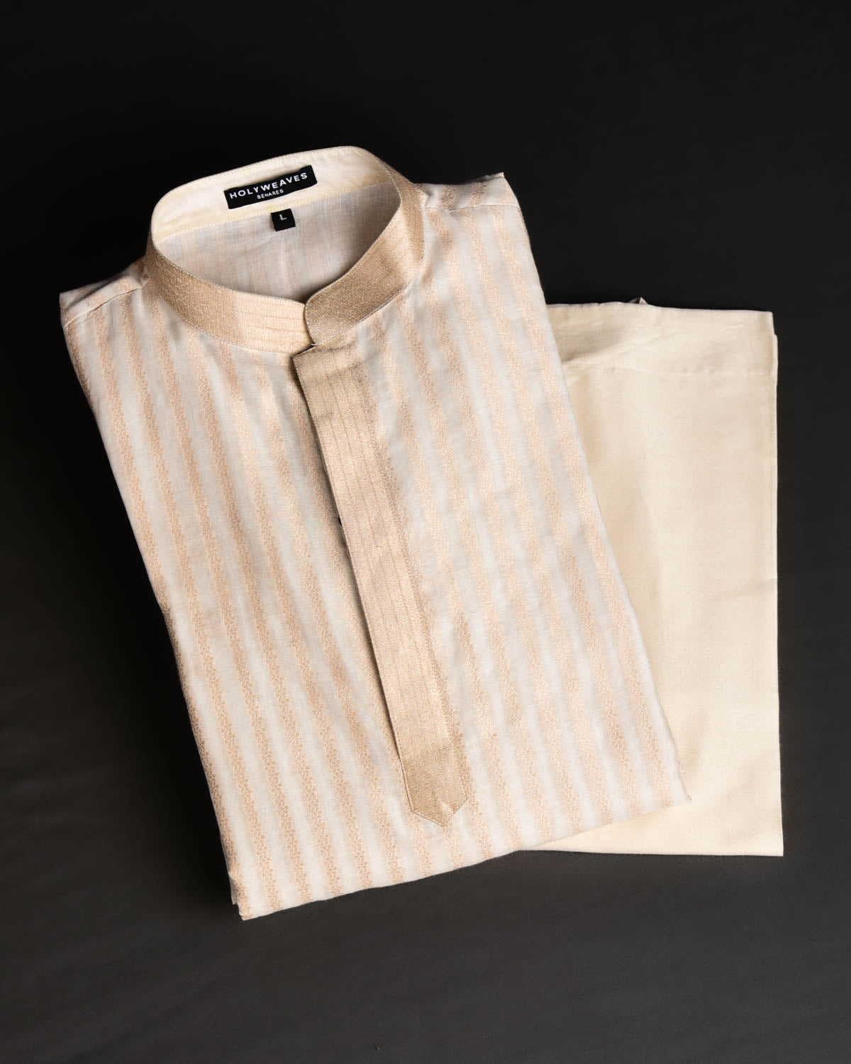 White Banarasi Gold Zari Stripes Brocade Cotton Silk Mens Kurta Pyjama-HolyWeaves