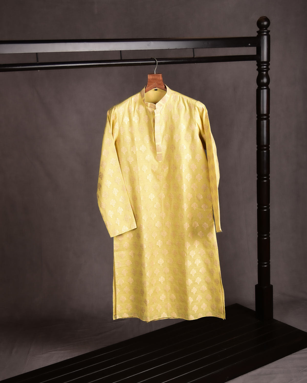 Lime Green Banarasi Gold Zari Buti Brocade Handwoven Cotton Silk Mens Kurta Pyjama-HolyWeaves