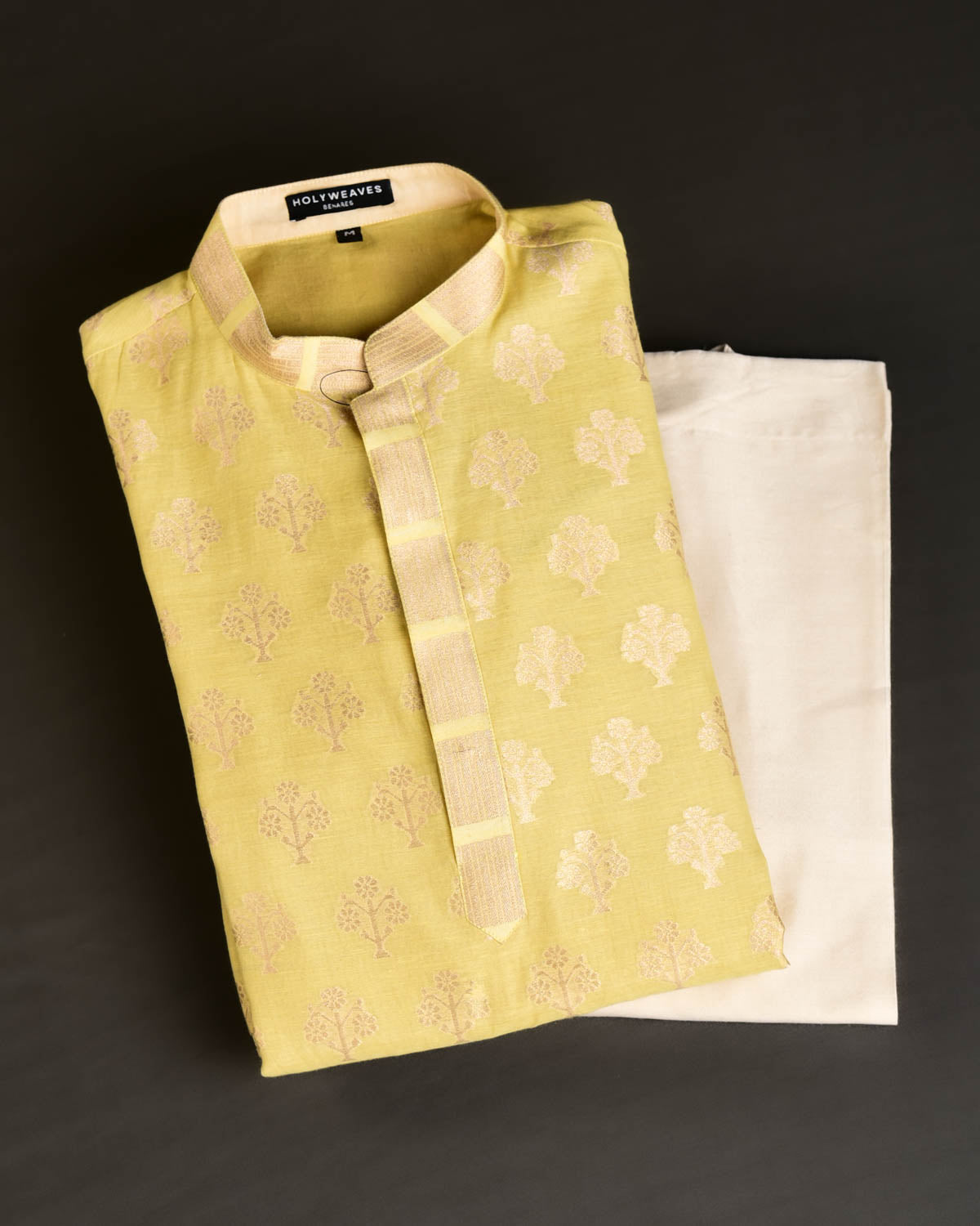 Lime Green Banarasi Gold Zari Buti Brocade Handwoven Cotton Silk Mens Kurta Pyjama-HolyWeaves