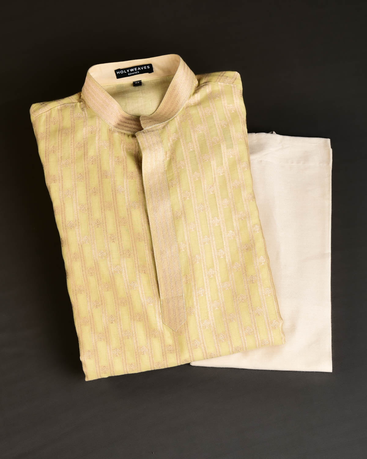 Pastel Green Banarasi Gold Zari Striped Spade Buti Brocade Handwoven Cotton Silk Mens Kurta Pyjama-HolyWeaves