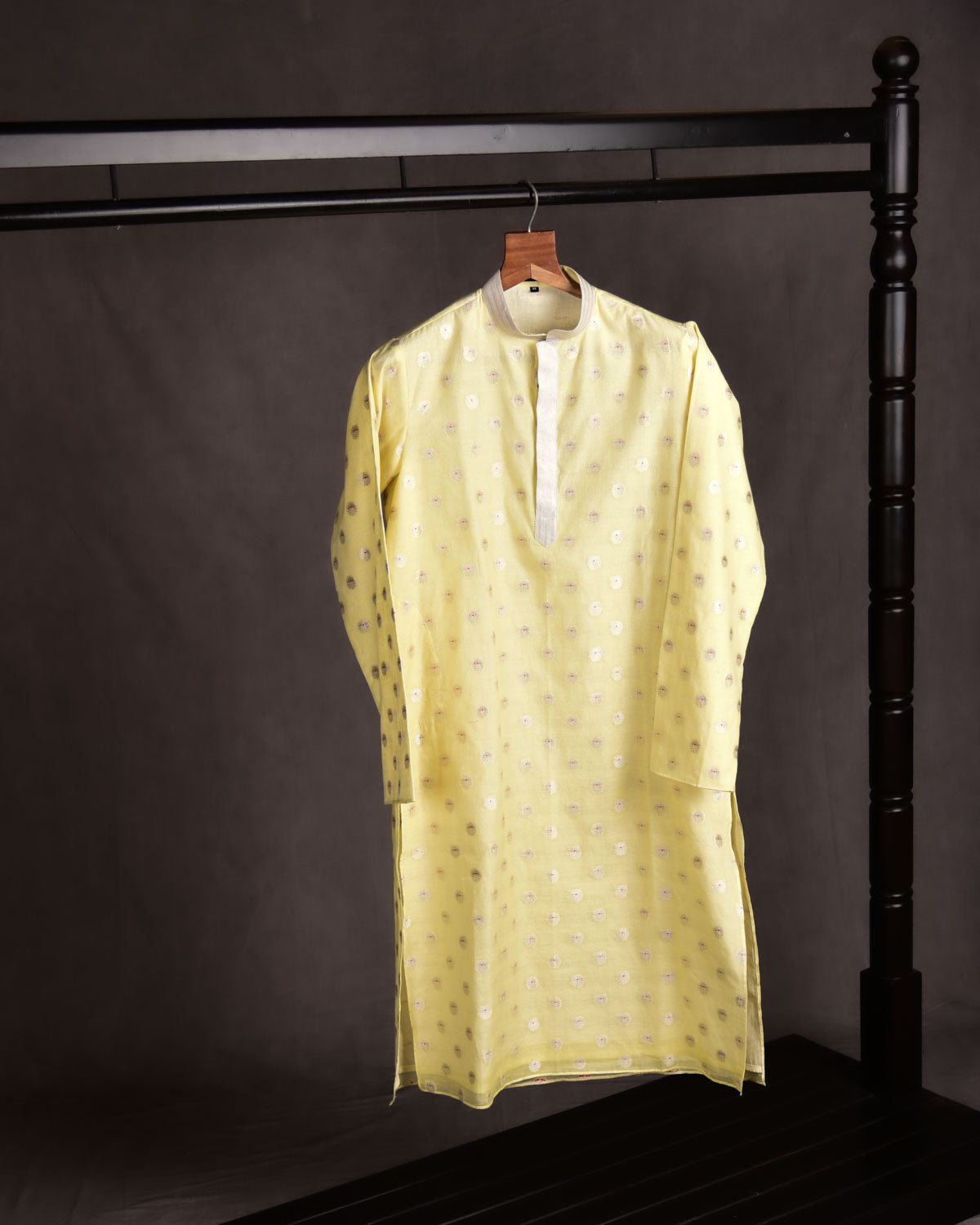 Yellow Banarasi Silver Zari Buti Red Meena Cutwork Brocade Handwoven Cotton Silk Mens Kurta Pyjama-HolyWeaves