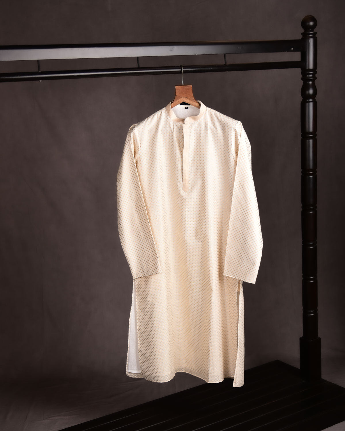 White Banarasi Dotted Silver Zari Cutwork Brocade Handwoven Cotton Silk Mens Kurta Pyjama-HolyWeaves