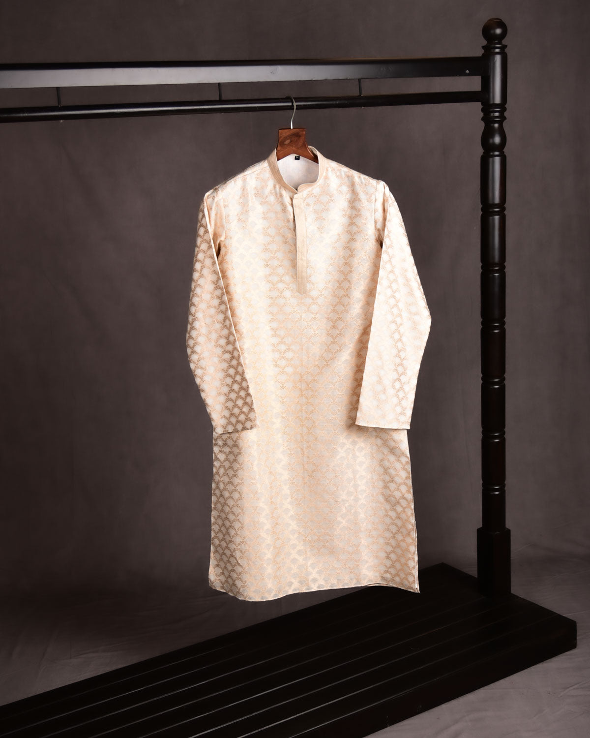 White Banarasi Gold Zari Jaal Cutwork Brocade Handwoven Cotton Silk Mens Kurta Pyjama-HolyWeaves