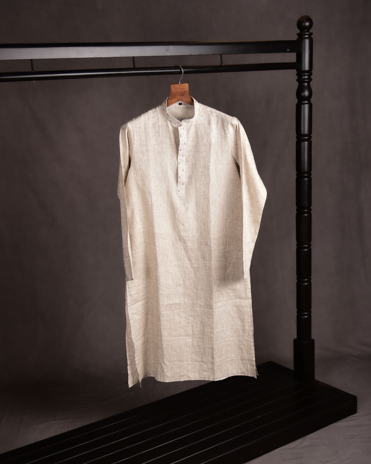 Beige Banarasi Resham Embroidery Collar Patti Linen Silk Mens Kurta Pyjama-HolyWeaves