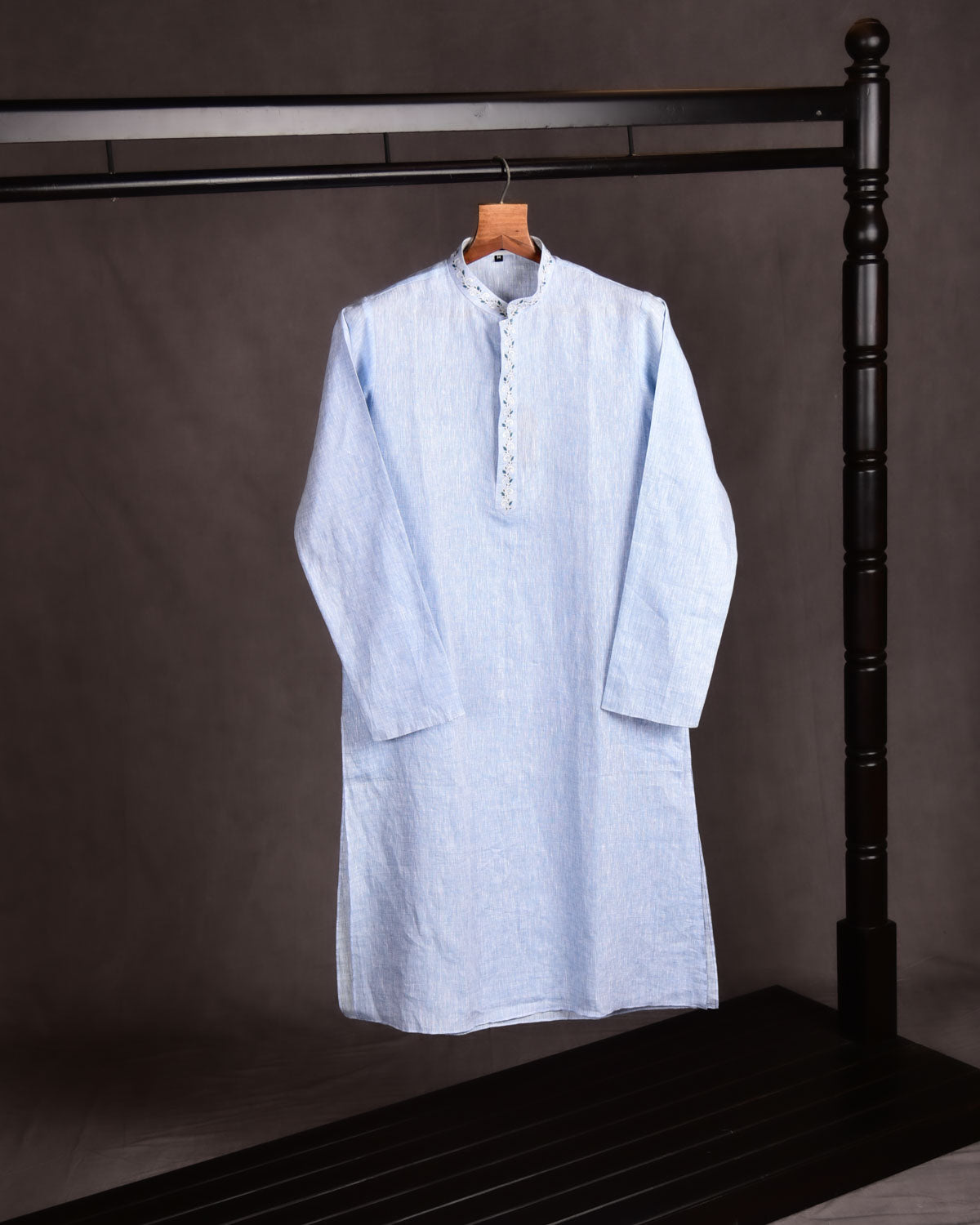 Blue Banarasi Resham Embroidery Collar Patti Linen Silk Mens Kurta Pyjama-HolyWeaves