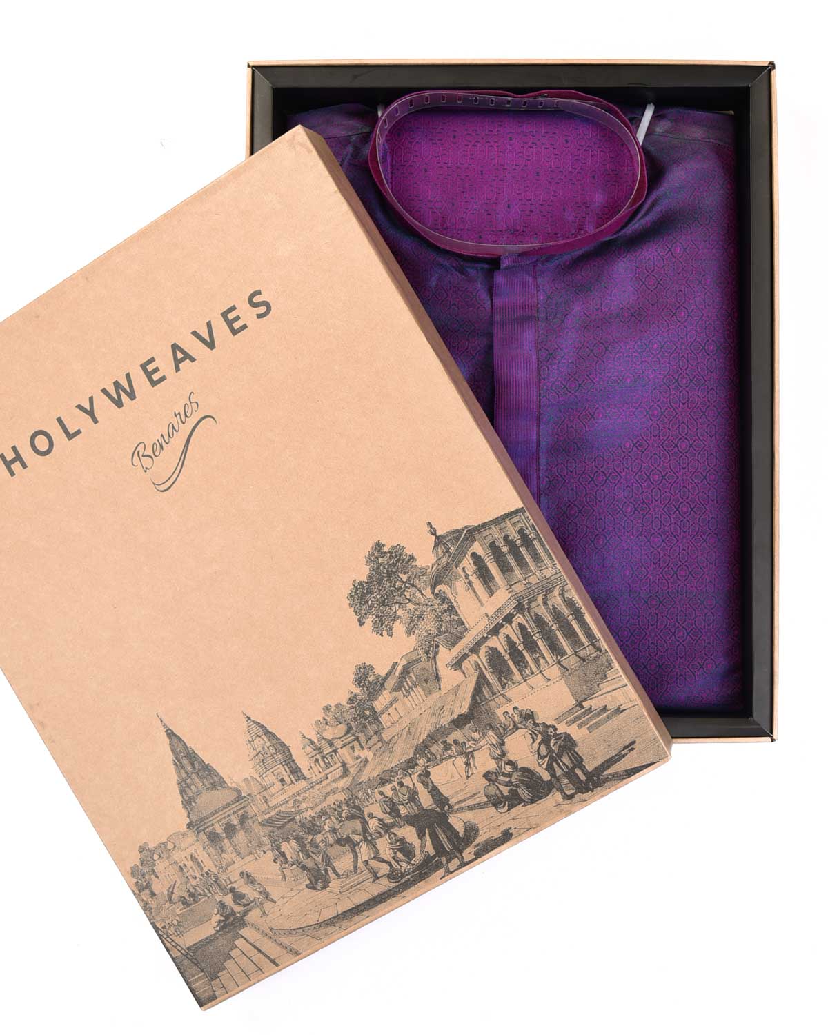 Shot Magenta Ethnic Mosaic Tanchoi Handwoven Silk Mens Kurta Pyjama-HolyWeaves