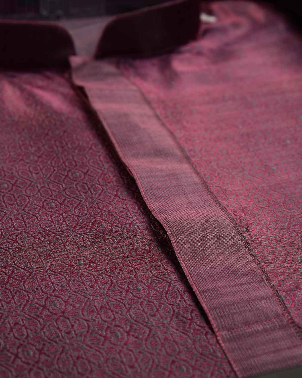 Shot Garnet Ethnic Mosaic Tanchoi Handwoven Silk Mens Kurta Pyjama-HolyWeaves