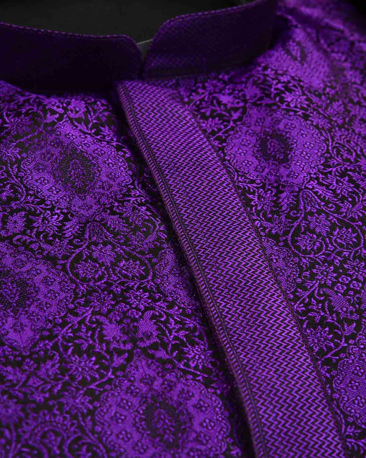 Purple Damask Tanchoi Handwoven Silk Mens Kurta Pyjama-HolyWeaves