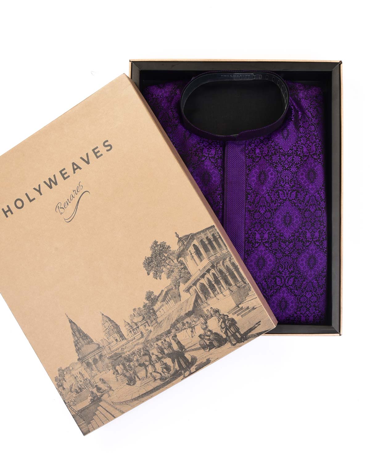 Purple Damask Tanchoi Handwoven Silk Mens Kurta Pyjama-HolyWeaves