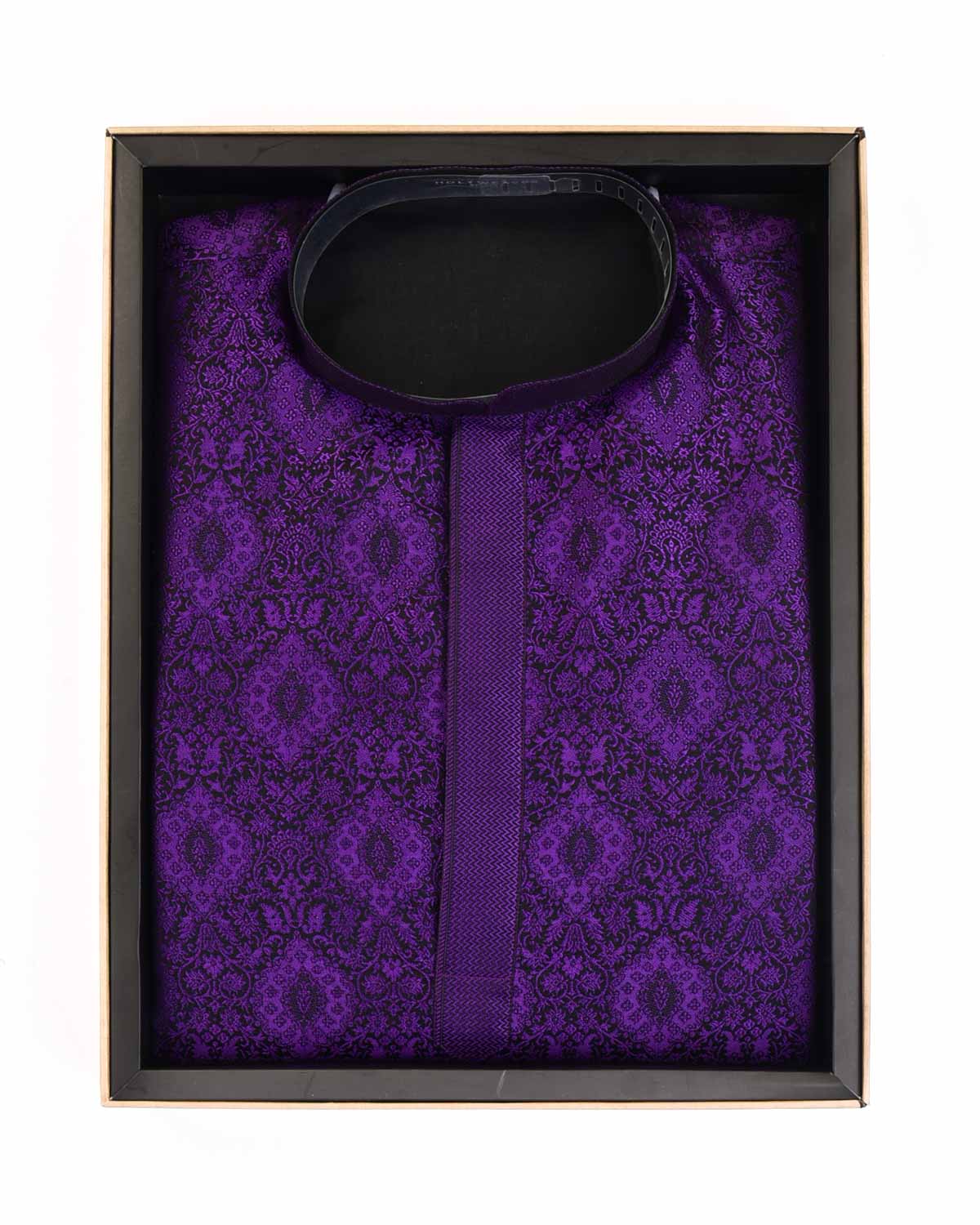 Purple Damask Tanchoi Handwoven Silk Mens Kurta Pyjama-HolyWeaves