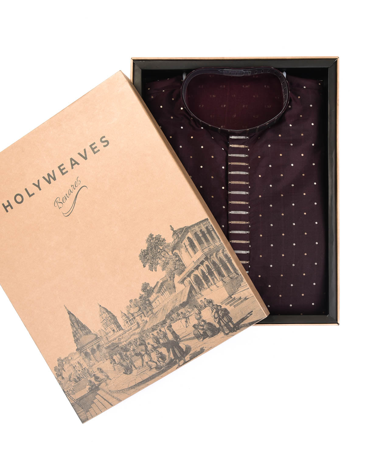 Mahogany Banarasi Gold & Silver Zari Brocade Handwoven Silk Mens Kurta Pyjama-HolyWeaves