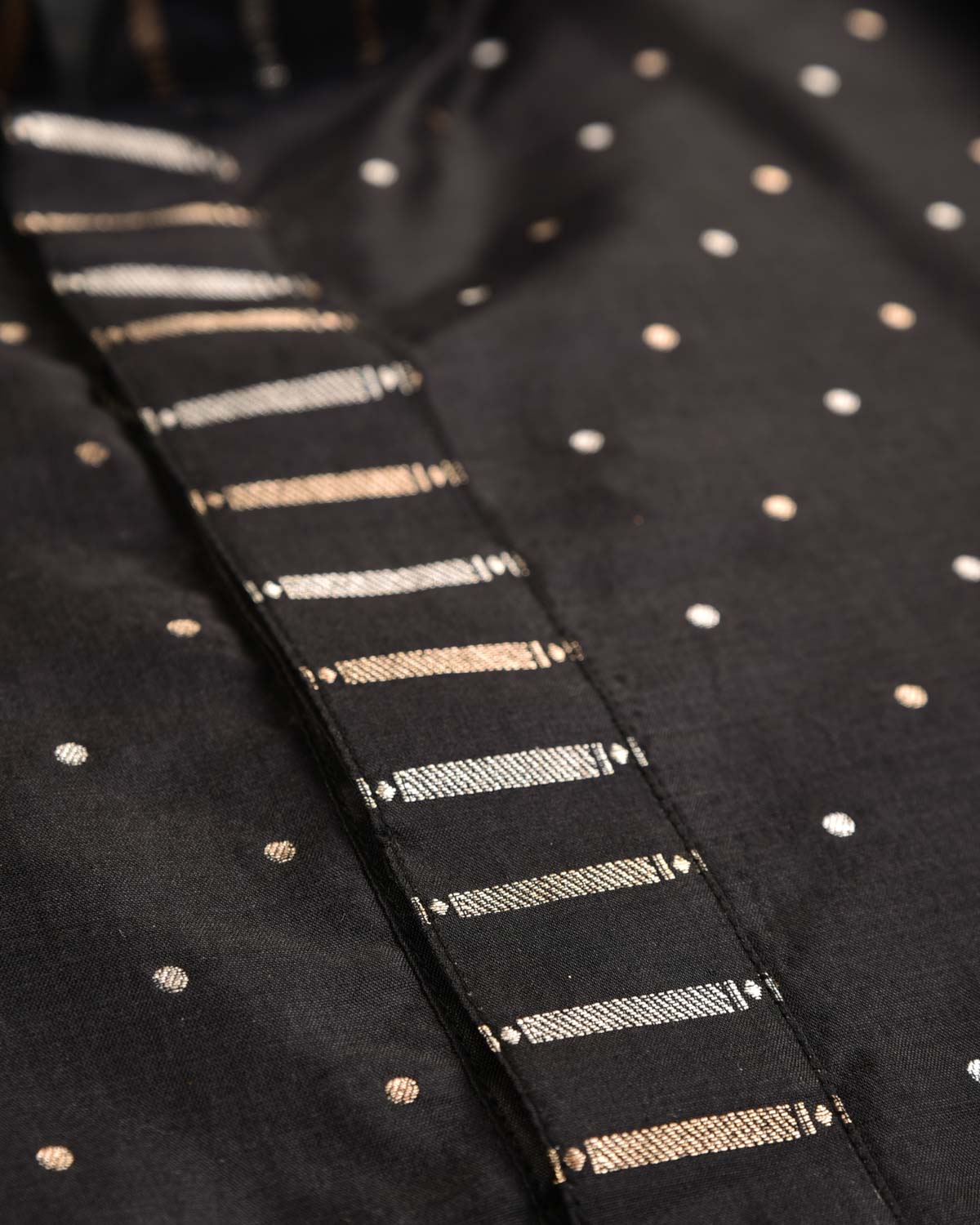 Black Banarasi Gold & Silver Zari Brocade Handwoven Silk Mens Kurta Pyjama-HolyWeaves