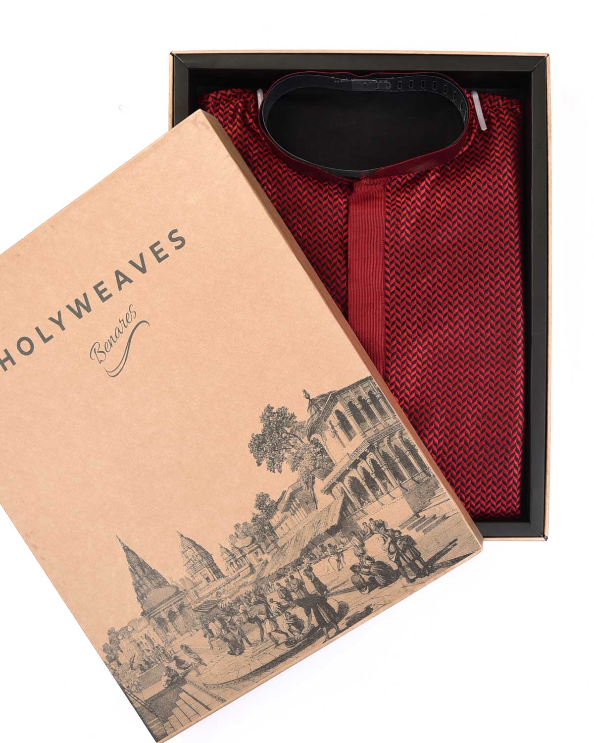 Maroon Leafy Herringbone Banarasi Resham Brocade Handwoven Silk Mens Kurta Pyjama-HolyWeaves