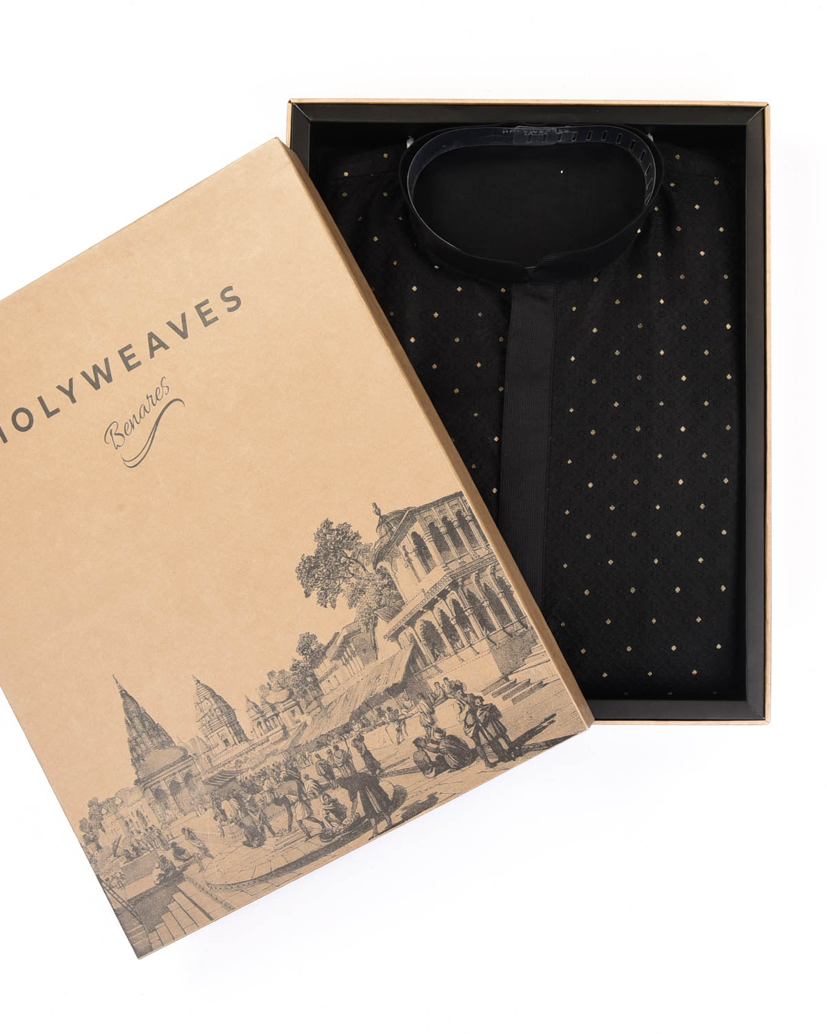 Black Tanchoi Brocade Handwoven Silk Mens Kurta Pyjama with Gold Zari Accents-HolyWeaves